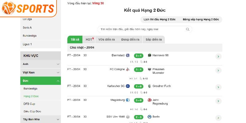Kết quả hạng 2 Đức đầy đủ tại VSPORT