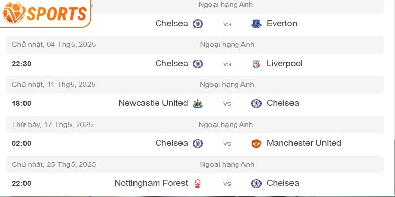 Lịch đấu sắp tới của Chelsea