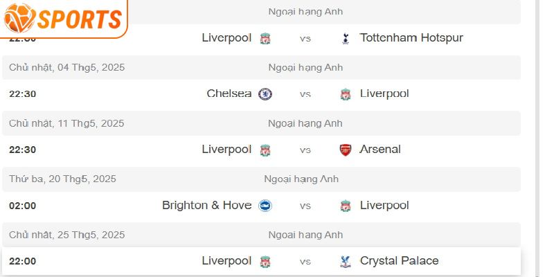 Lịch thi đấu sắp tới Liverpool